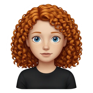 Make an image of an I phone emoji girl with a black t shirt shoulder length ginger hair that’s curly blue eyes and freckles sticker