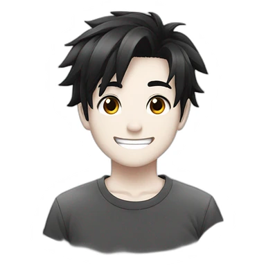 anime boy cartoon smiling with black hair, black and white t shirt, and black eyes sticker