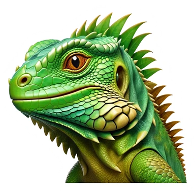 Cinematic Realistic Noble Iguana Portrait Emoji, Poised and commanding, with a robust, elongated body covered in intricately detailed, rough scales in vibrant shades of green with earthy brown accents, and a sharply defined head with piercing amber eyes, rendered with lifelike texture and natural light that accentuates every scale, high shine, intelligent and formidable, styled with an air of tropical authority, focused and attentive, soft glowing outline, capturing the essence of a watchful and confident iguana that appears ready to bask in the sun with effortless grace! sticker
