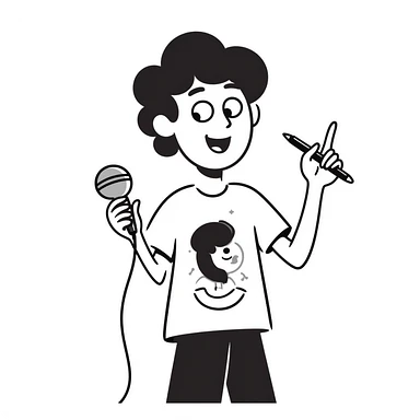 enthusiastic musician with wide smile holding microphone and pen, energetic expression sticker