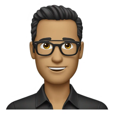 Creame un emoji de un hombre con el pelo negro y gafas, que tenga una camisa cuello redondo con unas letras que digan HUGO BOSS sticker