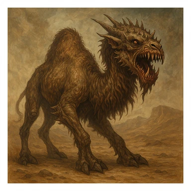 a camel monster, imaginative creature blending camel features with monstrous elements, detailed, fantasy art sticker