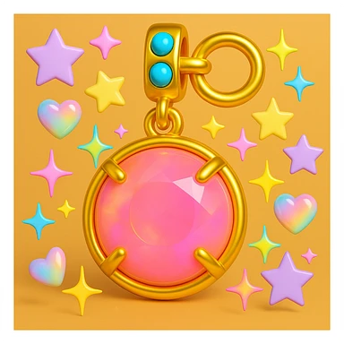 add more Y2K accents: pastel stars, iridescent hearts, and neon sparkles around the elegant round cut pink sapphire holographic charm with gold setting and gold jump ring, extreme close-up, 3D emoji style sticker