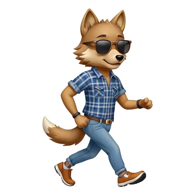 friendly anthropomorphised wolf in jeans and plaid shirt, wearing dark sunglasses, jogging upright in relaxed pose sticker