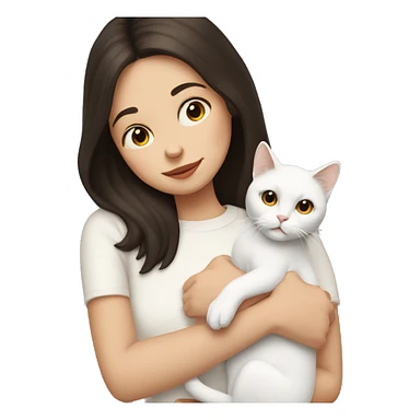 A pale girl with dark brown hair is holding a white cat in her hands sticker