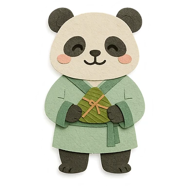 a panda wearing light green Hanfu, holding zongzi with both hands, standing and smiling, full body standing posture, Chinese style, soft color tones sticker