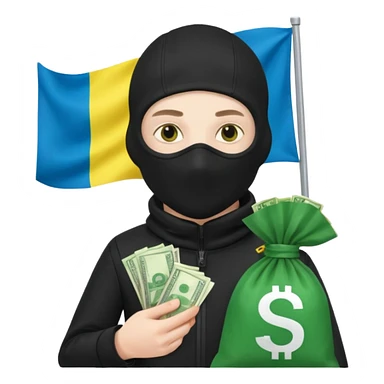 create an incredibly realistic white thief in a black suit and balaclava with a bag of money and a Ukrainian flag on it sticker