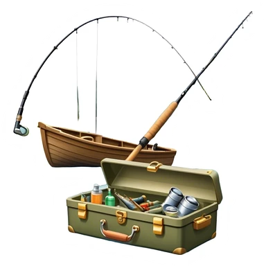Icon for Fishing: a boat on the shore of a peaceful water body with a beautiful natural landscape, a fishing tackle box, a spinning rod. The icon should capture the tranquility and gear of a fishing adventure. Without frame. Transparent background. sticker