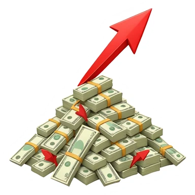 a pile of money with red arrow up sticker