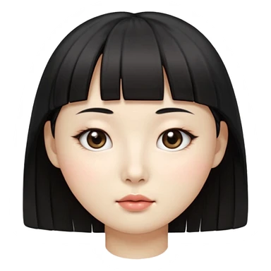 Clean Korean illustration-style emoji portrait of a young Korean woman, front-facing.
Smooth porcelain skin, soft shading, large round eyes, calm neutral expression.
Straight black bangs, black hair tied back, small nose and lips.
Round oval face, soft jawline.

 sticker