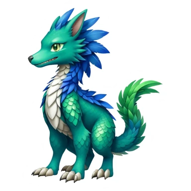 Cute cool fantasy animal hybrid Sergal-Digimon-Fakemon full body, green scales, brown eyes, blue feathers sticker