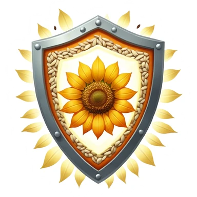 Floating seeds (pumpkin, sunflower, sesame) and a glowing cut of lean meat positioned on a bright shield of light. The shield emits protective rays while the seeds and meat shine with nutritional essence, creating a healing and protective visual. sticker