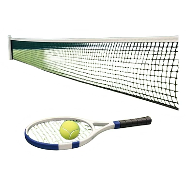 A tennis racket and a ball placed on the ground, with a tennis court in the background. The court lines and net are visible, emphasizing the structure and focus of the sport, creating a dynamic and energetic vibe. sticker