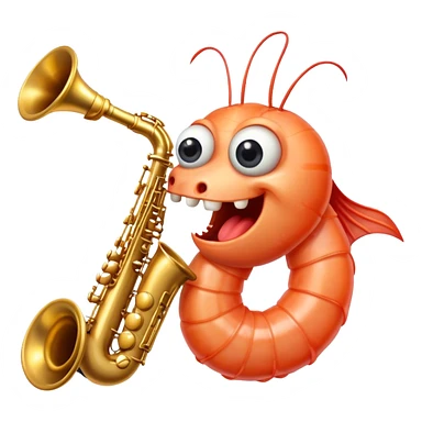 a cooked piece of shrimp with eyes and teeth playing the saxophone  sticker