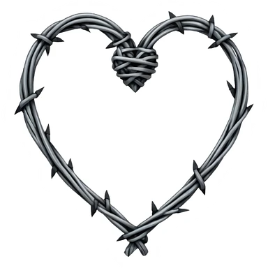 Minimal black line art heart made from barbed wire, hand-drawn sketch look, uneven ink strokes, 6–7 barbs with twisted knots, simple clean outline, centered on plain white background, high contrast sticker