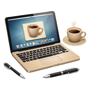 Laptop on the beige table, coffee and notebook sticker