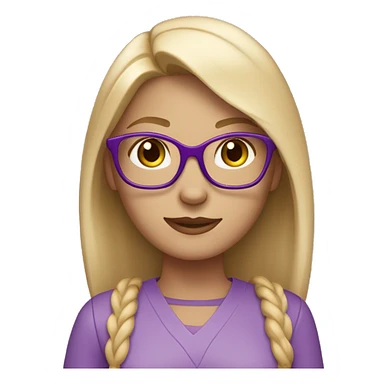 Create a female emoji: white skin, blonde hair, straight and very light below the shoulders, brown eyes, glasses with purple cat-eye frames, light pink jumpsuit. sticker