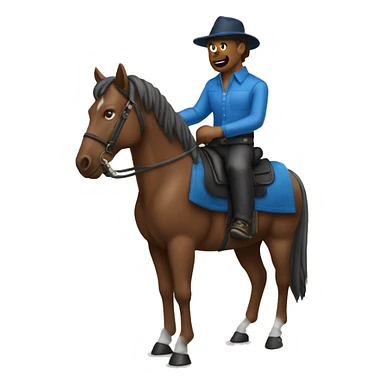 create an emoji of a man wearing a blue clothes on top of a brown horse. just like the cover of bad bunhos álbum "nadei sabe lo que va pasar manana" sticker