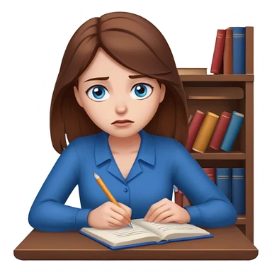 female writer, romantic, with brown hair, fair skin and blue eyes writing a book with a worried face sticker