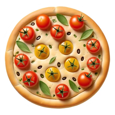cinematic-realistic-focaccia-bread-dish-emoji,-depicted-as-a-golden,-olive-oil-brushed-flatbread-sprinkled-with-herbs-rendered-with-lifelike-texture-and-soft,-appetizing-lighting showing olives on top and the cherry tomatoes sticker