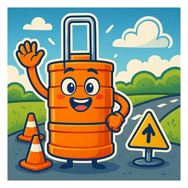 Make a fun cartoon scene with the orange road construction barrel as the main character. Add a bright, playful background with a road, some traffic cones, and a blue sky with clouds in the style of cartoonish stickers. sticker