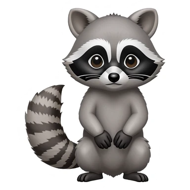 Cinematic-cute Raccoon-Realistic-hunched Full-Body on all fours-Emoji – Tail flicking lazily, head tilted dramatically, thick grey fur with a signature black mask, sharp and alert ears, simplified yet realistic focused features, highly detailed, glowing with an almost sarcastic glow big black eyes realistic body sticker
