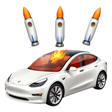 Tesla model 3 white. Two rockets mounted on roof flame backwards sticker