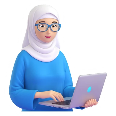 computer engineer with white hijab wearing blue outfit, presenting her metaverse creation with a large digital screen behind her displaying virtual worlds and code, laptop open in front of her showing programming interface, AR glasses, professional stance sticker