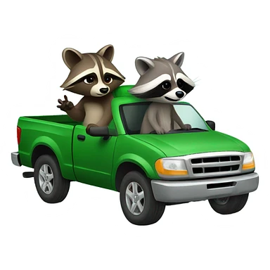 Raccoon driving green pickup truck with girlfriend raccoon sticker