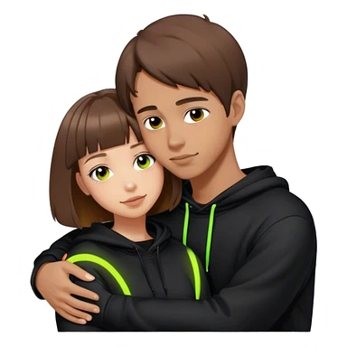 cyberpunk a girl with brown hair, a bob haircut, hugs a guy by the neck, both in black hoodies with neon sticker