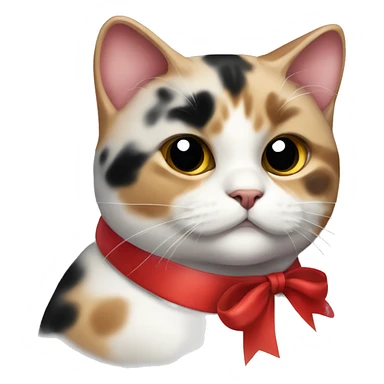 Chubby Calico cat with black spots wearing a red ribbon around its neck  sticker