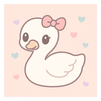 a white swan with a cute little pink bow on her head, charming and gentle expression, simple background, soft colors, kawaii style sticker