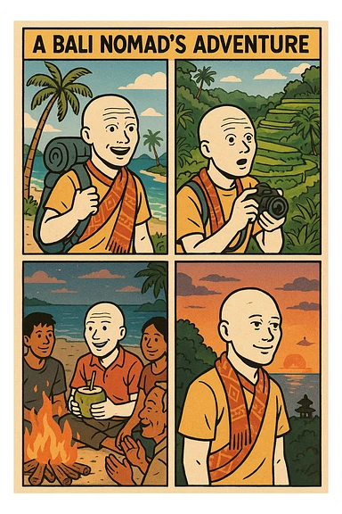 Create a wojak-style comic book with four panels, telling the story of a bali nomad's adventure sticker