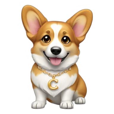 Corgi with gold ear rings and necklace with letter "C" sticker