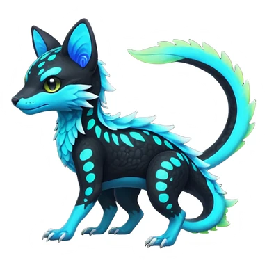 Rare realistic black-scaled neon-glowing bioluminescent edgy badass epic pretty beautiful handsome gorgeous aesthetic colorful vibrant Vernid-Trico-species-Fakemon-creature by LiLaiRa, 4 legs, 1 tail, random markings, (full body) sticker