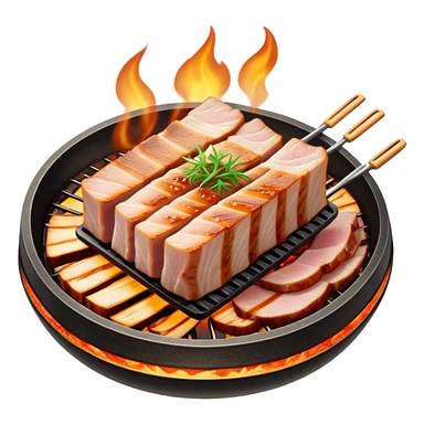 Cinematic Realistic Samgyeopsal Dish Emoji, depicted with sizzling, thick slices of pork belly grilled to perfection rendered with rich textures and warm, inviting lighting. sticker