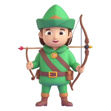 Robin Hood, classic English folk hero, green hat and bow, 3D emoji style sticker