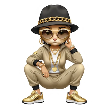 female cat wearing Run DMC hip-hop outfit with tracksuit, fedora, Adidas sneakers, dark sunglasses, many gold chains, rings, bracelets, flashy earrings, fallen down with distressed expression sticker