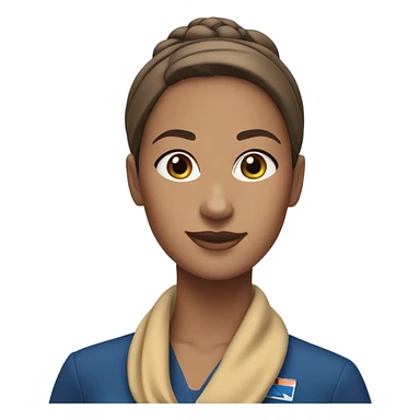 Brown tan skin flight attendant, brown hair in a bun, blue uniform, blue neck scarf sticker