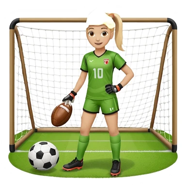 Make a dirty blonde football goalkeeper with goalkeeper gloves on holding a football. The girl is light skinned and wearing a football kit and football shoes. Standing in front of football goal. Wearing a ponytail with the dirty blonde hair. Without a American football ball sticker