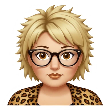  plus size white women dressed in leopard with short medium brown and blonde shaggy spiked hair wearing glasses with hazel color eyes and wide flat nose sticker