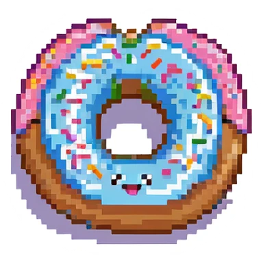 kawaii donut with rainbow sprinkles and happy face, floating in a dreamy cloud background, pixel art style sticker