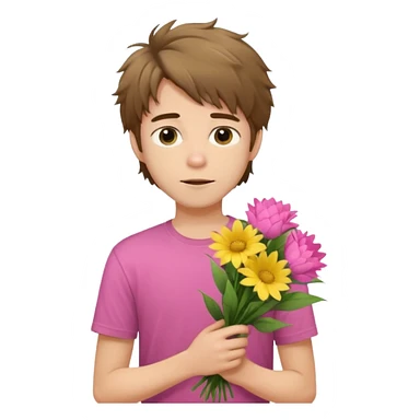 generate an ios genmoji of a 20 year old fair boy with brown long and messy hair with stubble on cheeks. carrying a pink flower bouquet, wearing a yellow tshirt, looking shy sticker