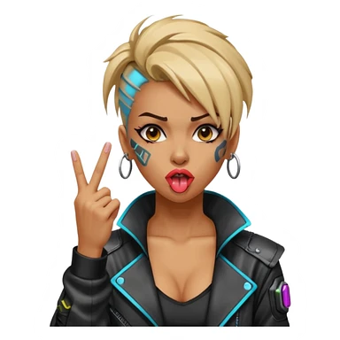 Woman with her tongue out in cyberpunk clothing and giving the middle finger. Looking naughty. sticker