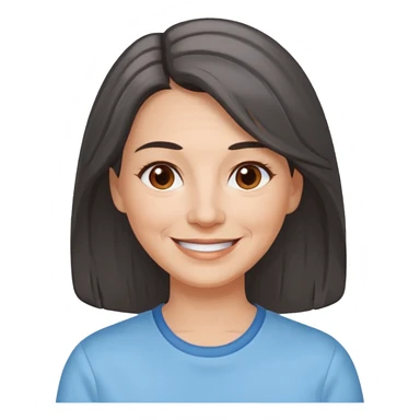 vit medelålders kvinna med grå slingor i långt mörkbrunt hår bruna ögon ljusblå skjorta  sticker