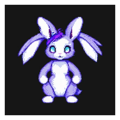 furry anthro male bunny with purple hair, blue eyes, purple and white fur, pixel art style sticker