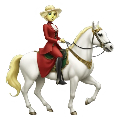 "galora green blonde alien woman" in red Victorian elegant dress, full body, rides horse gold and white
 sticker