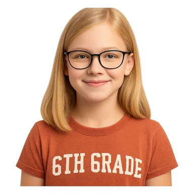 6th grade girl with blonde hair and glasses, friendly expression, simple background sticker