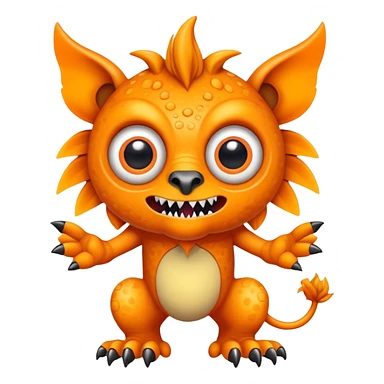 An orange creature with a lion face with fangs, alien googly eyes, claws, wings, with white dots. sticker