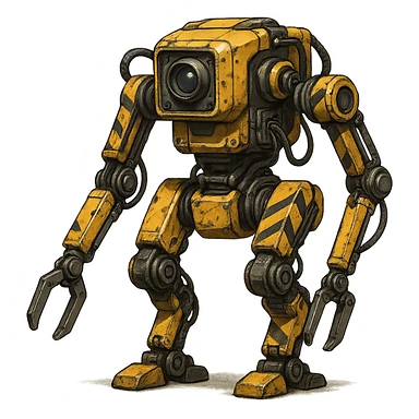 worker drone, industrial robot, yellow and black hazard stripes, mechanical arms, utilitarian design sticker